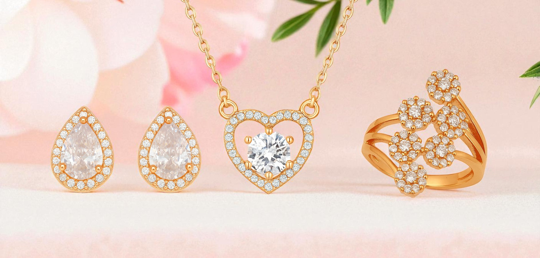 Nilu's Collection Rose Gold Plated American Diamond With pendant ,earrings And Adjustable Finger Ring For Women And Girls