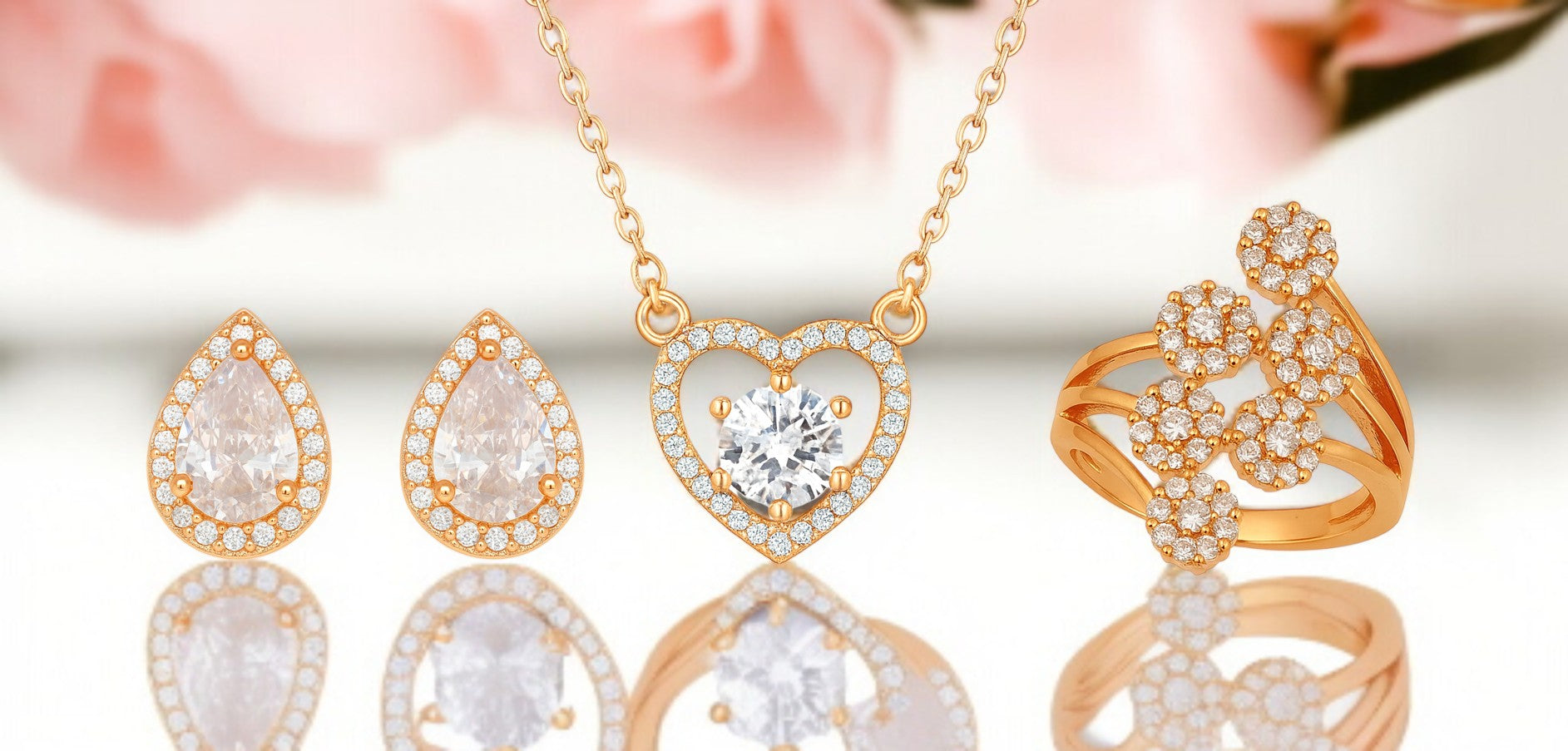 Nilu's Collection Rose Gold Plated American Diamond With pendant ,earrings And Adjustable Finger Ring For Women And Girls