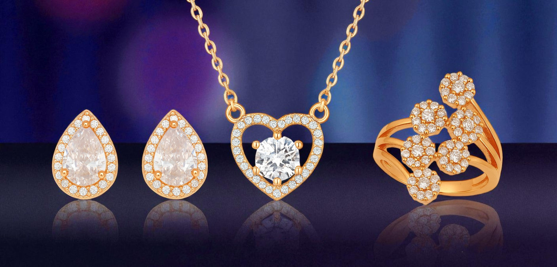 Nilu's Collection Rose Gold Plated American Diamond With pendant ,earrings And Adjustable Finger Ring For Women And Girls