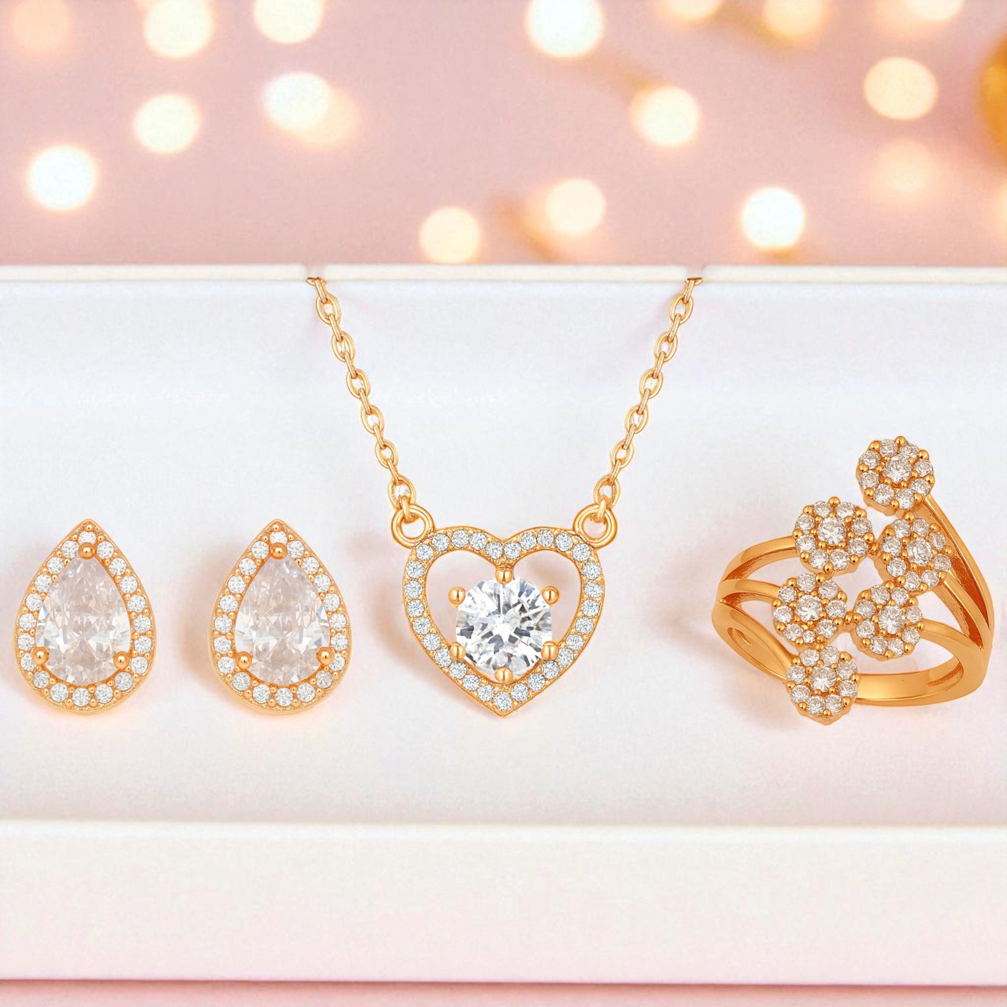 Nilu's Collection Rose Gold Plated American Diamond With pendant ,earrings And Adjustable Finger Ring For Women And Girls