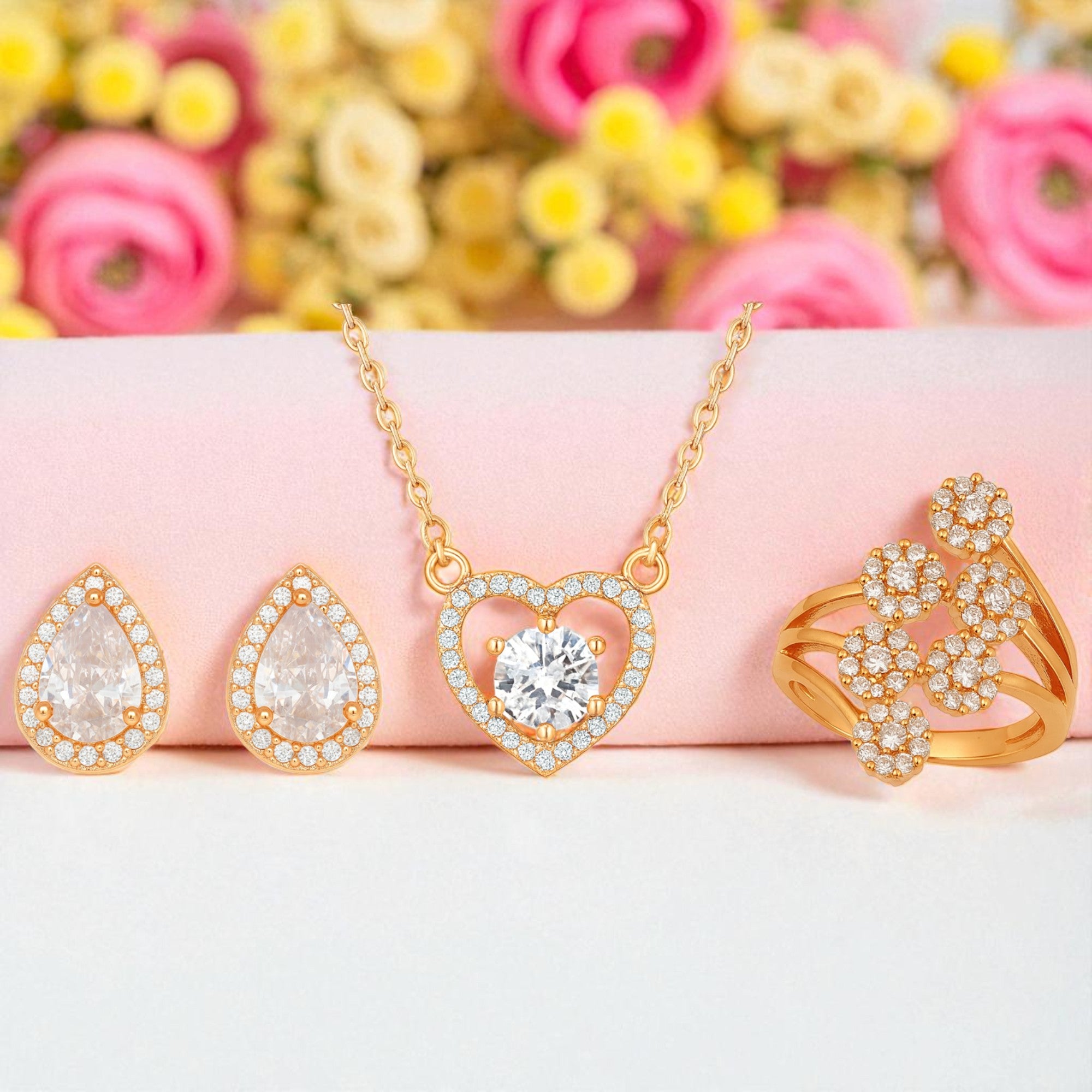 Nilu's Collection Rose Gold Plated American Diamond With pendant ,earrings And Adjustable Finger Ring For Women And Girls