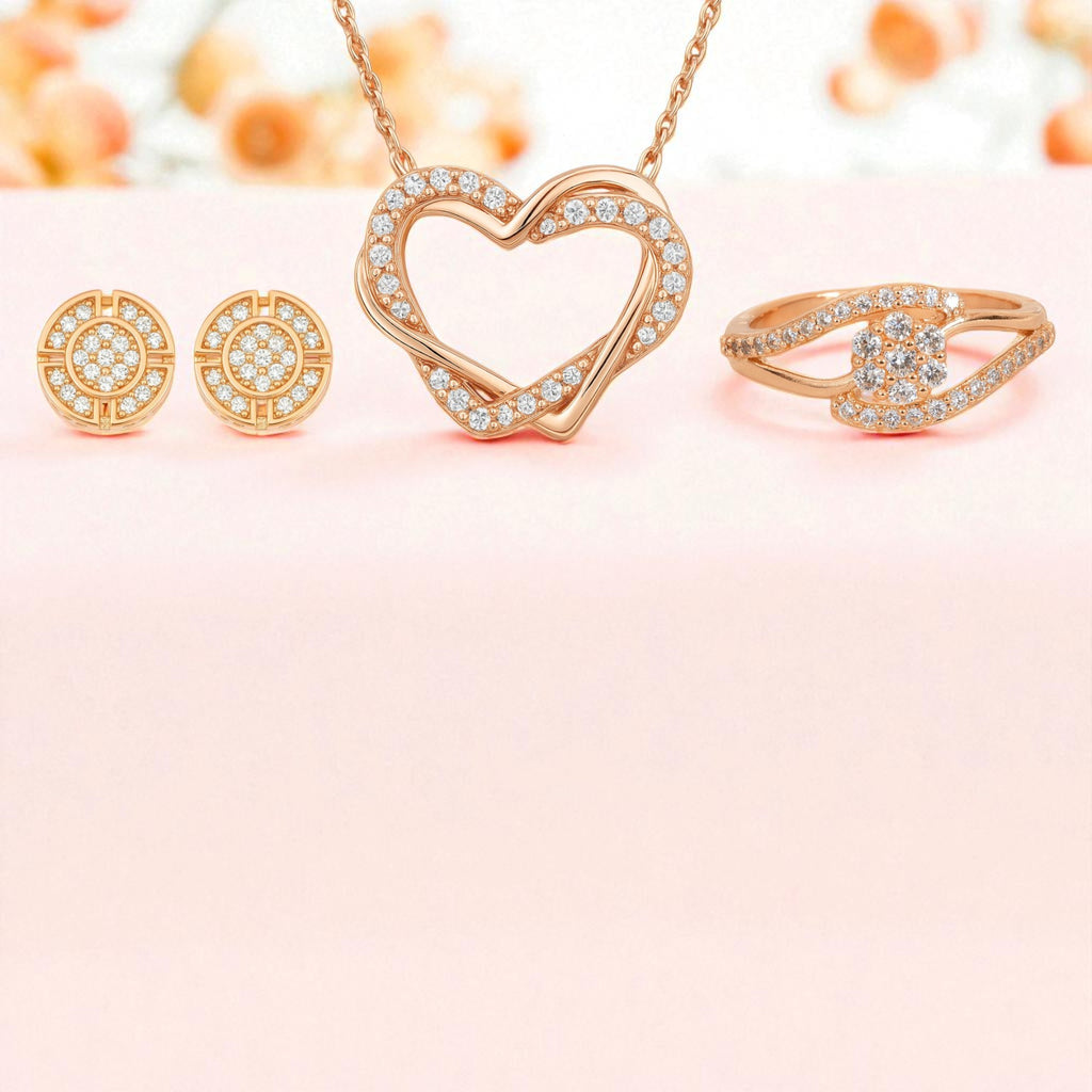 Nilu's Collection Rose Gold Jewellery Set  Elegant Necklace, Earrings & Ring for Women & Girls