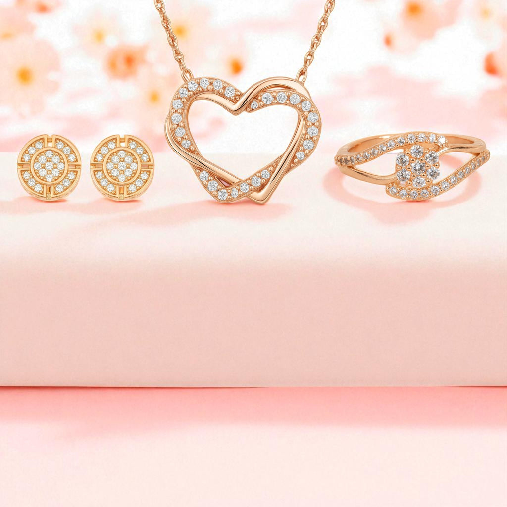 Nilu's Collection Rose Gold Jewellery Set  Elegant Necklace, Earrings & Ring for Women & Girls