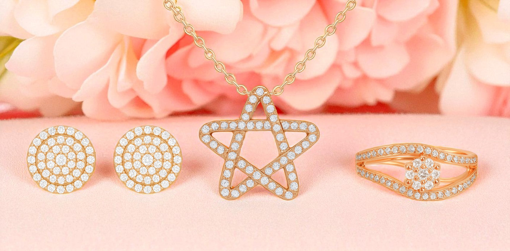 Nilus Collection Rose Gold Jewellery Set Elegant Necklace, Stud Earrings & Ring for Women And Girls