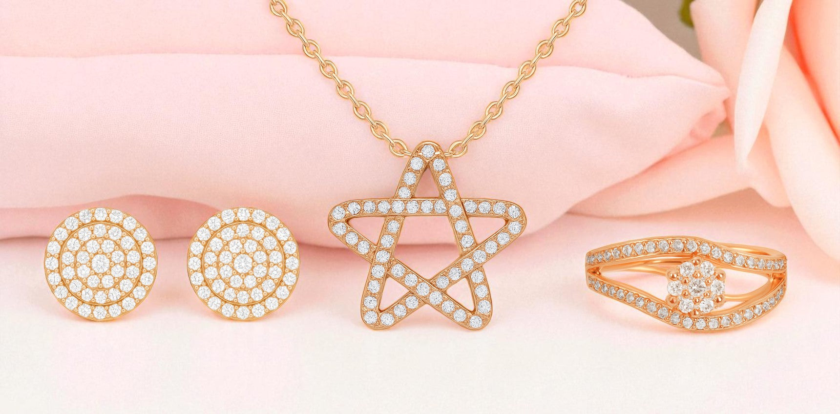 Nilus Collection Rose Gold Jewellery Set Elegant Necklace, Stud Earrings & Ring for Women And Girls