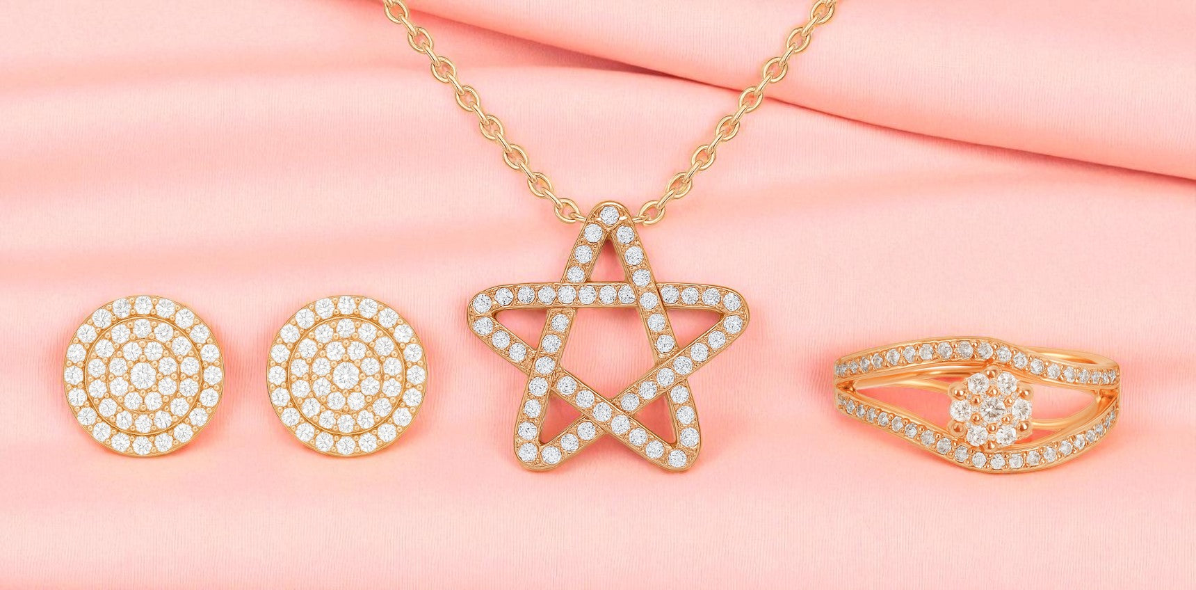 Nilus Collection Rose Gold Jewellery Set Elegant Necklace, Stud Earrings & Ring for Women And Girls