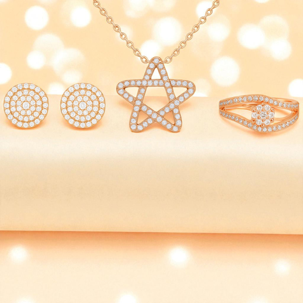 Nilus Collection Rose Gold Jewellery Set Elegant Necklace, Stud Earrings & Ring for Women And Girls
