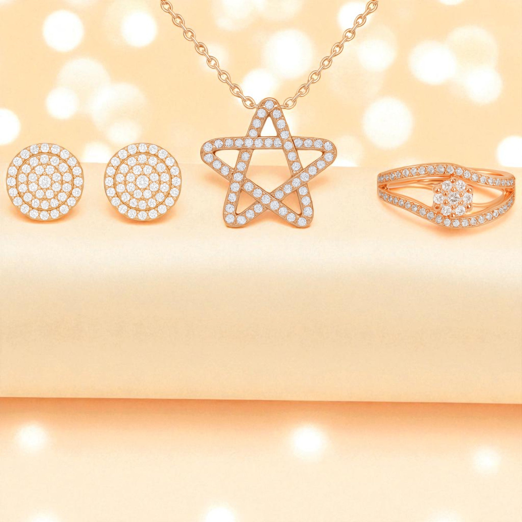 Nilus Collection Rose Gold Jewellery Set Elegant Necklace, Stud Earrings & Ring for Women And Girls