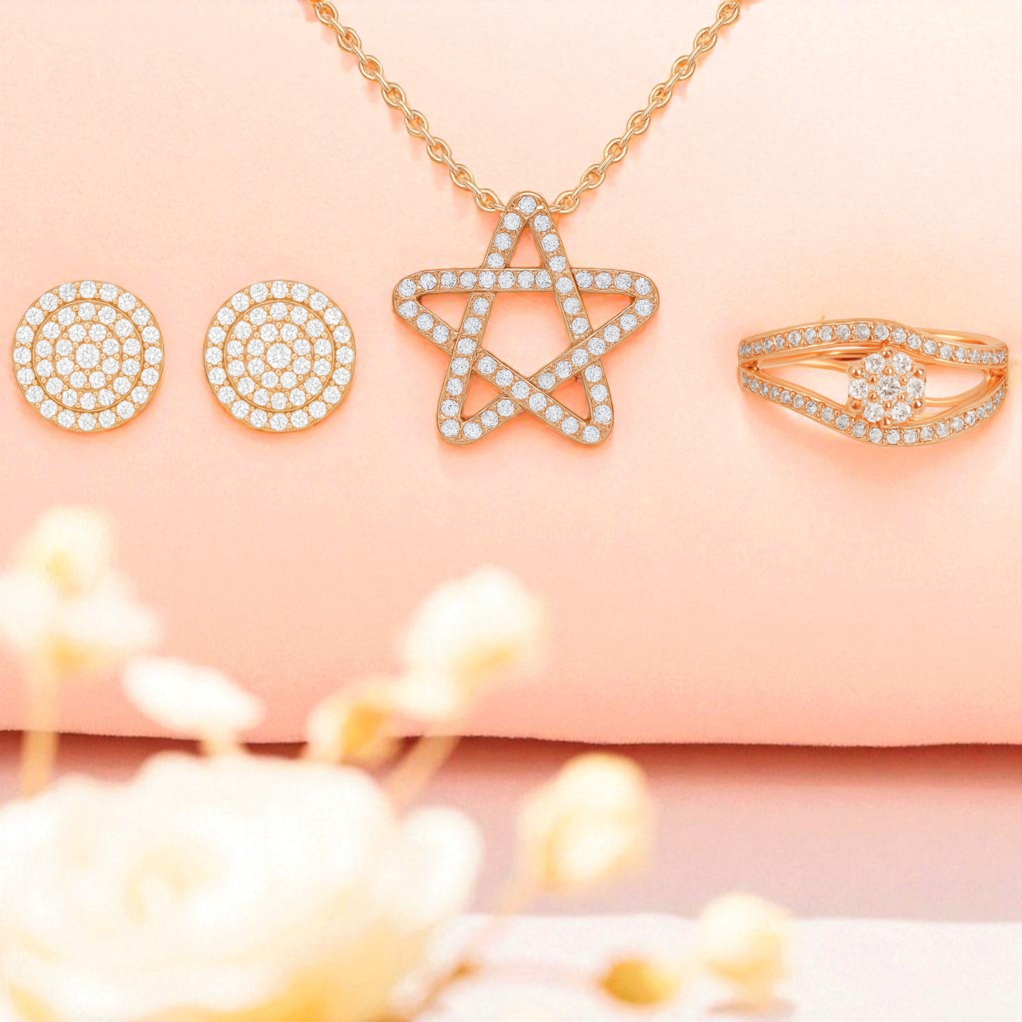 Nilus Collection Rose Gold Jewellery Set Elegant Necklace, Stud Earrings & Ring for Women And Girls