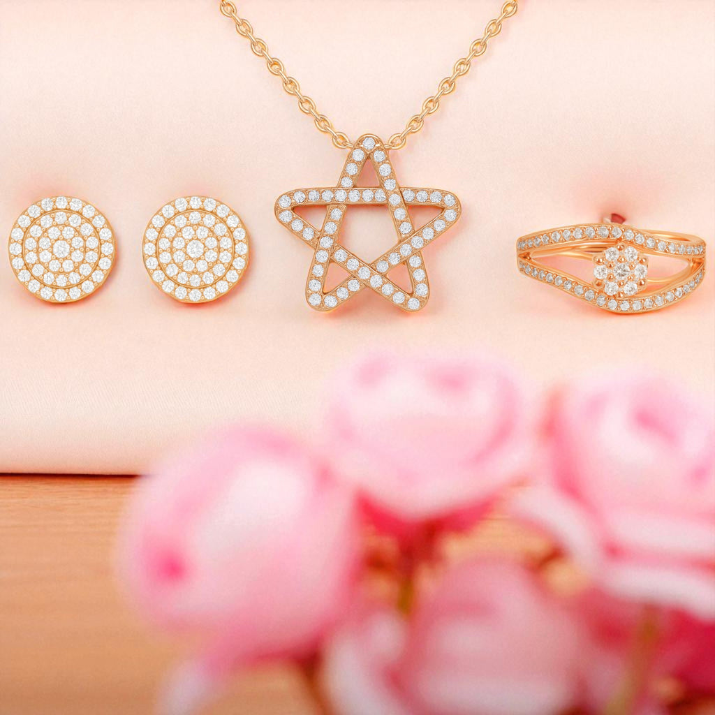 Nilus Collection Rose Gold Jewellery Set Elegant Necklace, Stud Earrings & Ring for Women And Girls