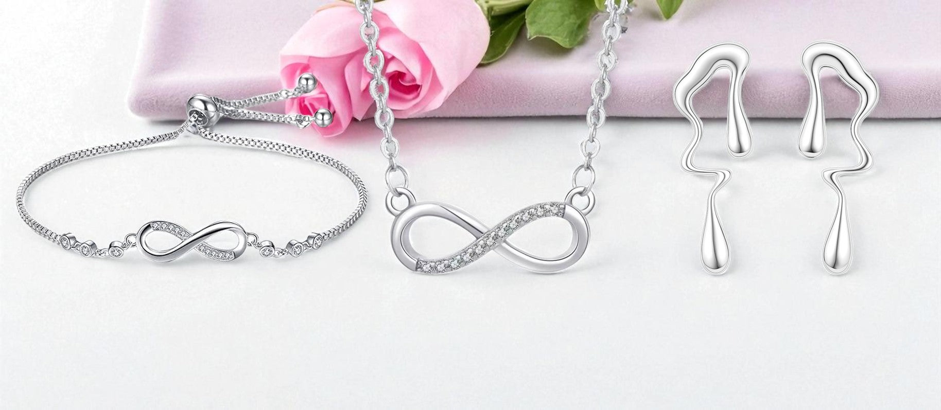 Nilu's Collection Silver Infinity Jewellery Set Necklace, Bracelet & Earrings for Women & Girls