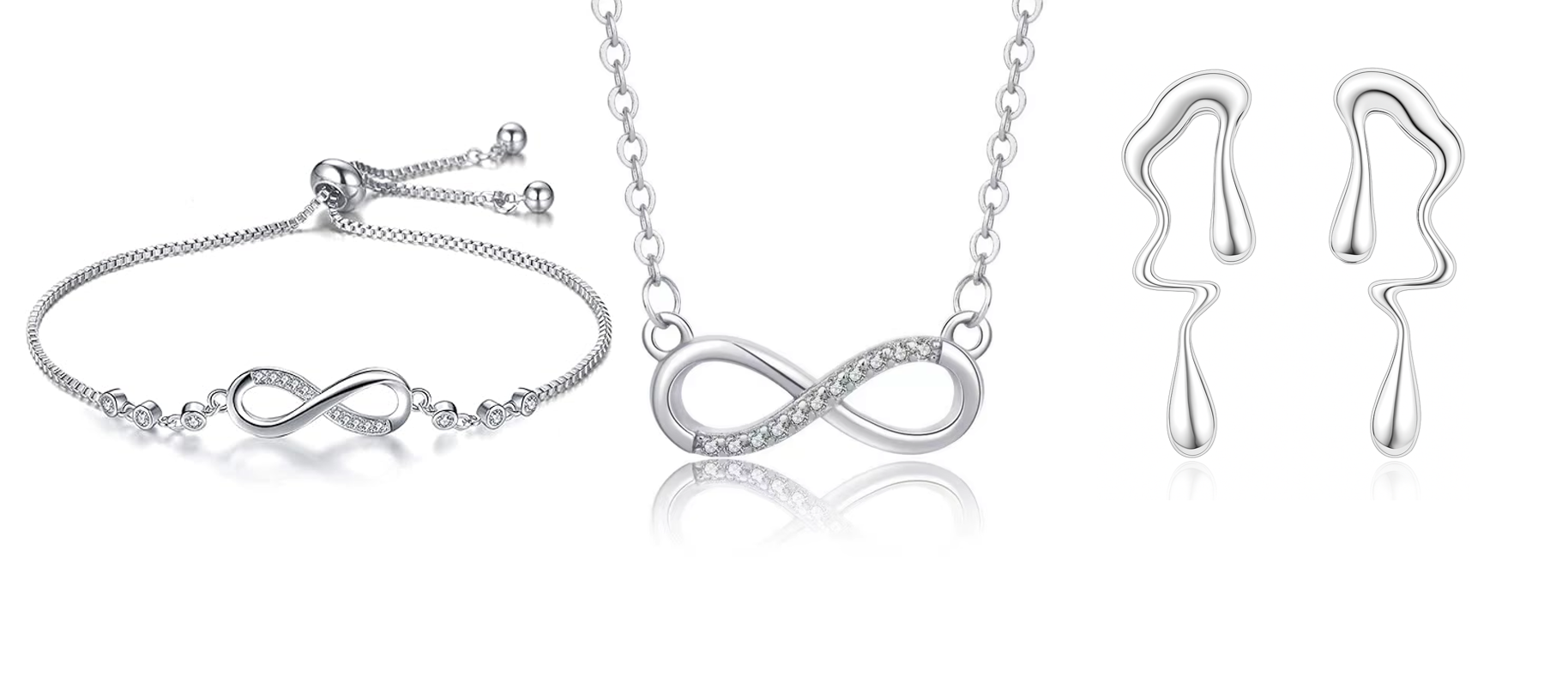 Nilu's Collection Silver Infinity Jewellery Set Necklace, Bracelet & Earrings for Women & Girls