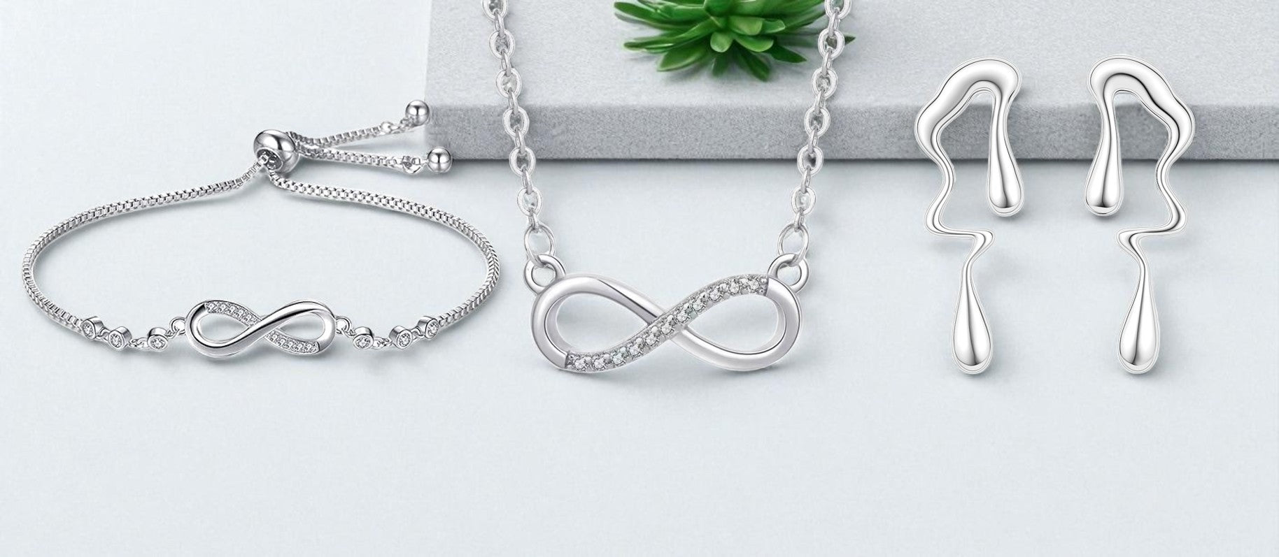 Nilu's Collection Silver Infinity Jewellery Set Necklace, Bracelet & Earrings for Women & Girls