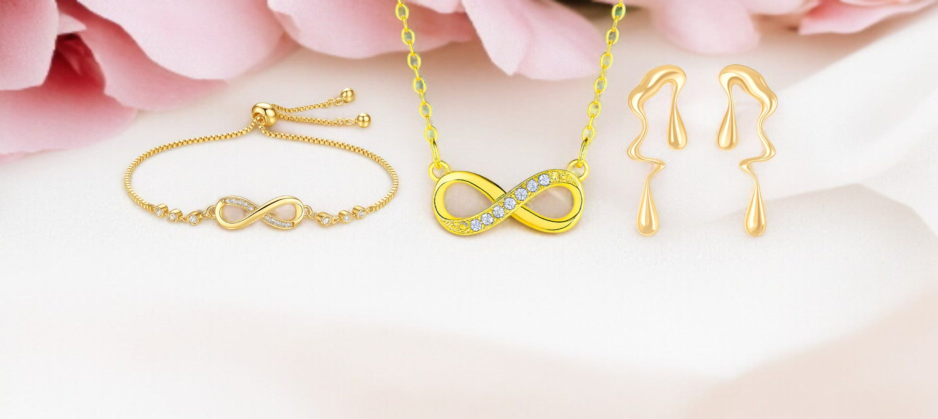 Gold Plated Infinity Jewelry Set as Bracelet, Necklace & Earrings with American Diamond For Women And Girls