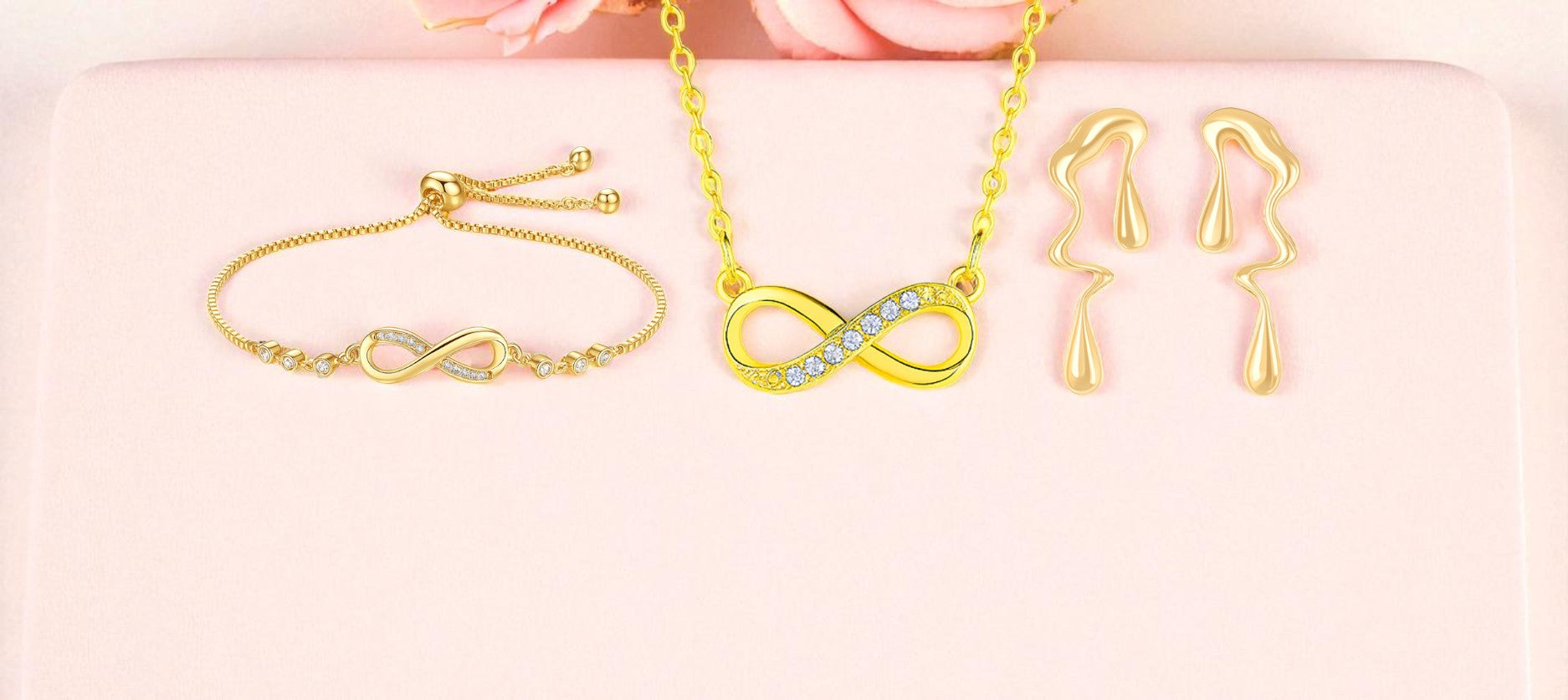 Gold Plated Infinity Jewelry Set as Bracelet, Necklace & Earrings with American Diamond For Women And Girls