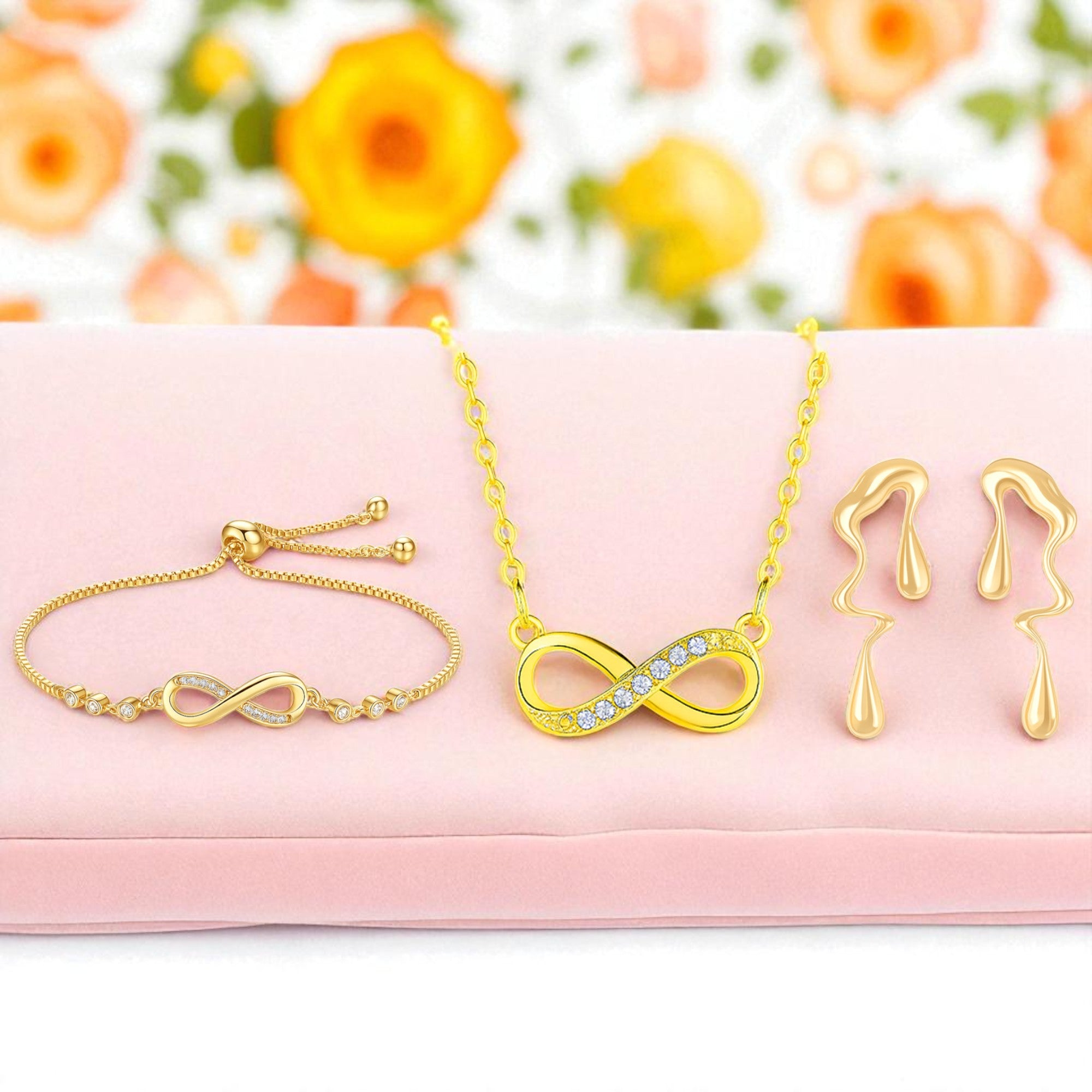 Gold Plated Infinity Jewelry Set as Bracelet, Necklace & Earrings with American Diamond For Women And Girls