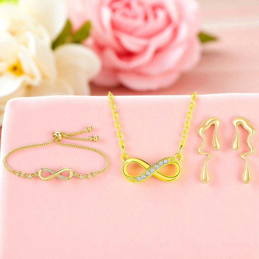 Gold Plated Infinity Jewelry Set as Bracelet, Necklace & Earrings with American Diamond For Women And Girls