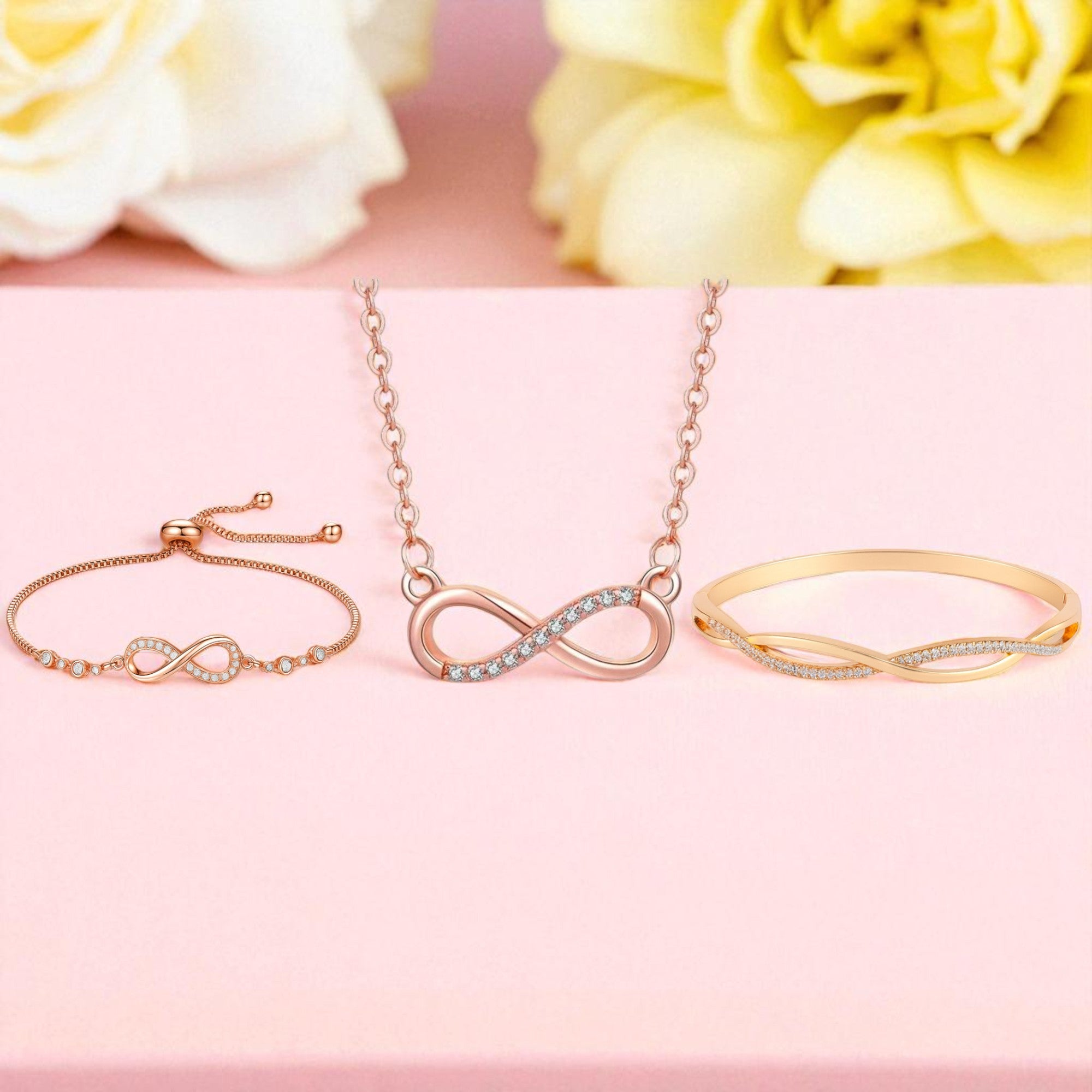 Nilu's Collection Rose Gold Plated Infinity Jewelry Set  Bracelet, Necklace & Kada with American Diamond  For Women And Girls