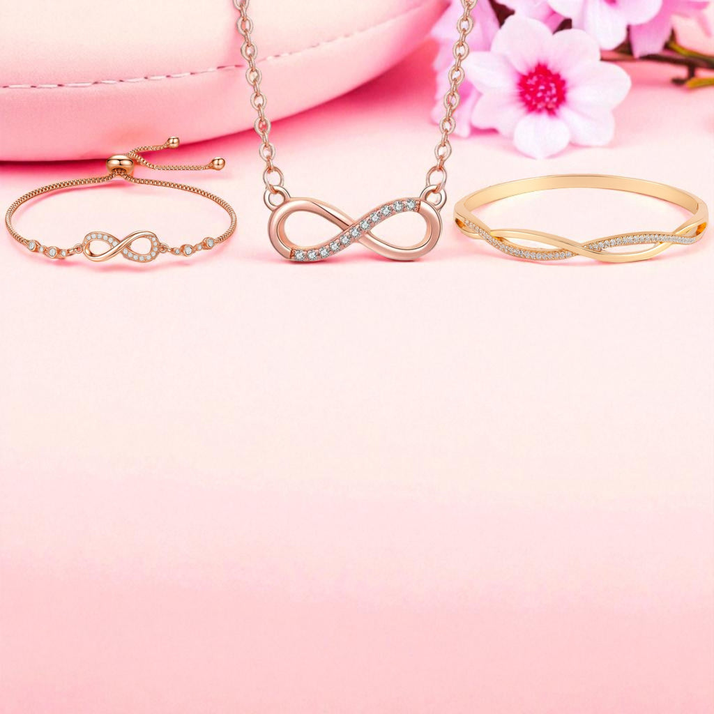 Nilu's Collection Rose Gold Plated Infinity Jewelry Set  Bracelet, Necklace & Kada with American Diamond  For Women And Girls