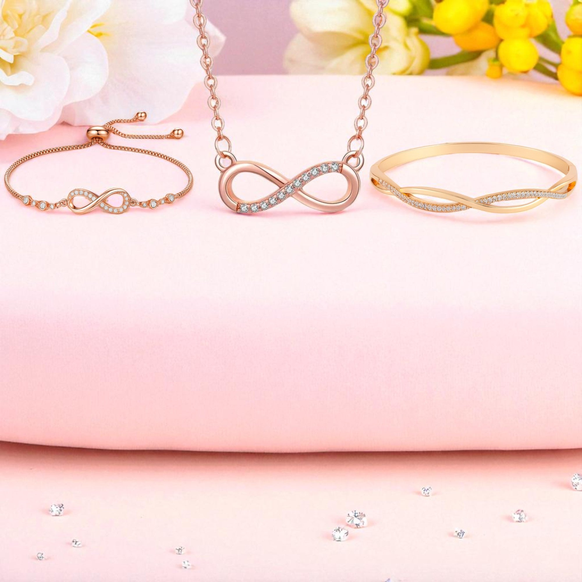 Nilu's Collection Rose Gold Plated Infinity Jewelry Set  Bracelet, Necklace & Kada with American Diamond  For Women And Girls