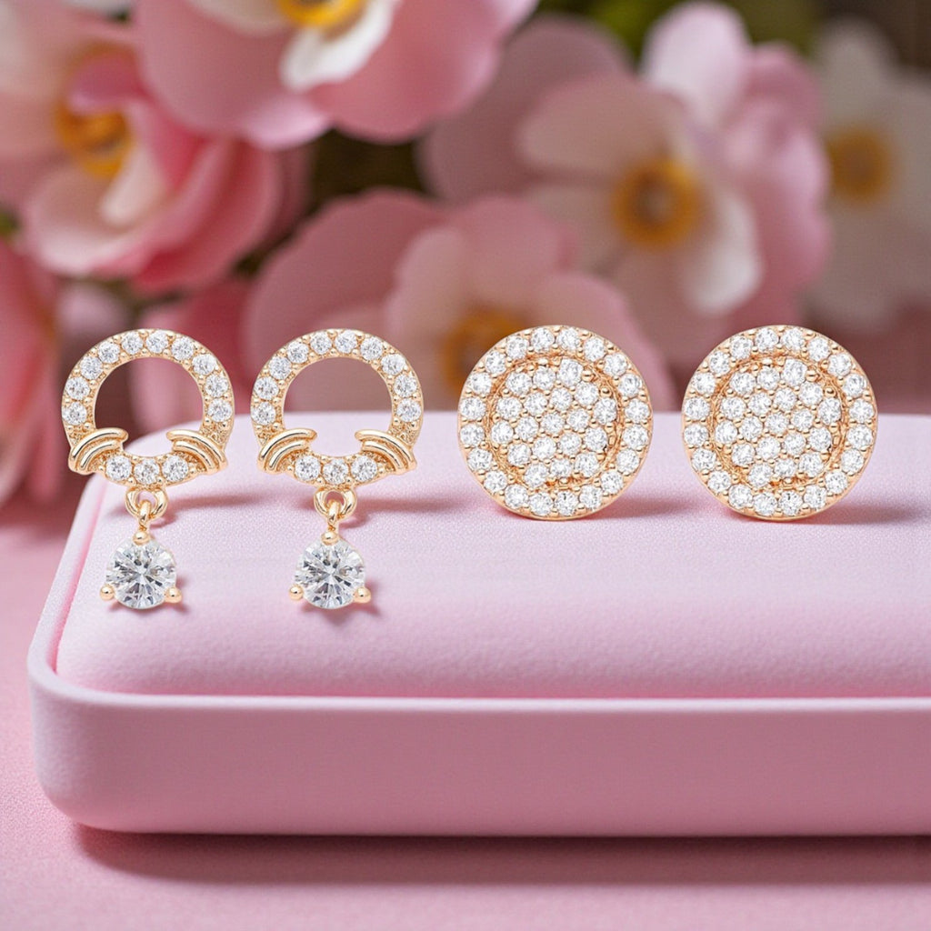 Nilu's Collection Rose Gold Plated Combo Round &  Drop Earrings With American Diamond For Women & Girls