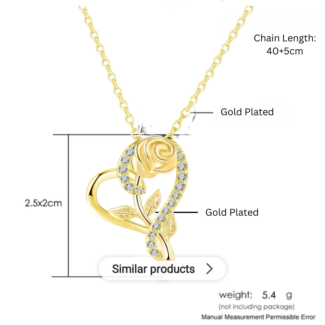 Stylish Gold Plated CZ Chain Pendent Set for Women, Heart Shaped Pendant with Rose Design (Gold)