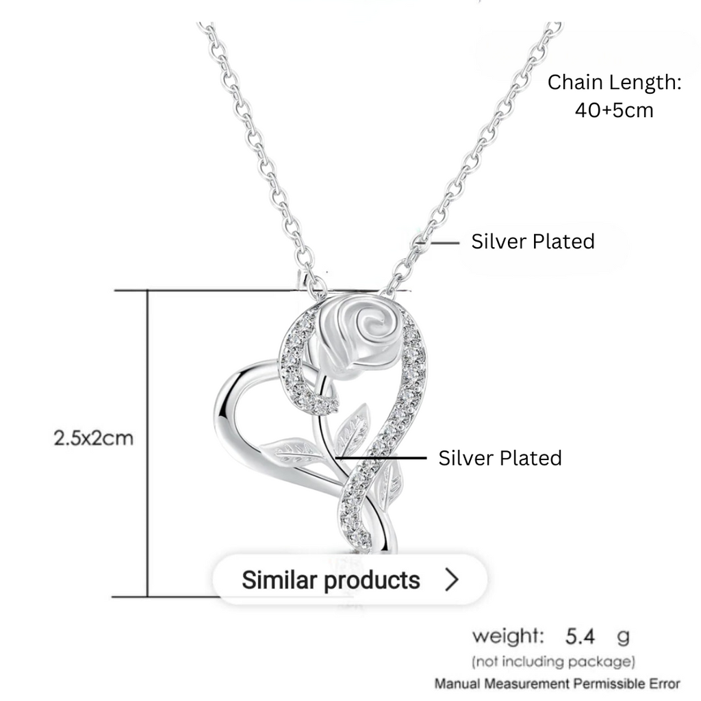 Stylish Silver Plated CZ Chain Pendent Set for Women, Heart Shaped Pendant with Rose Design (Silver)