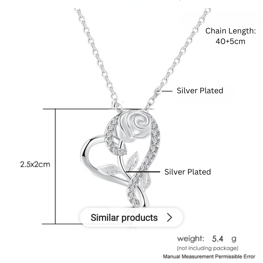 Stylish Silver Plated CZ Chain Pendent Set for Women, Heart Shaped Pendant with Rose Design (Silver)