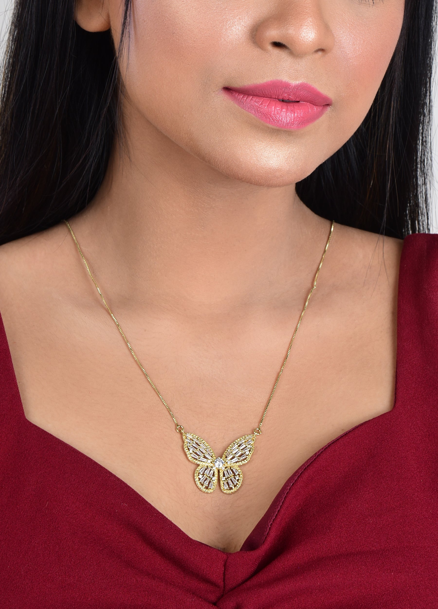 Gold Plated Zircon Studded Butterfly Pendant Necklace, Gift Necklace for Women and Girls