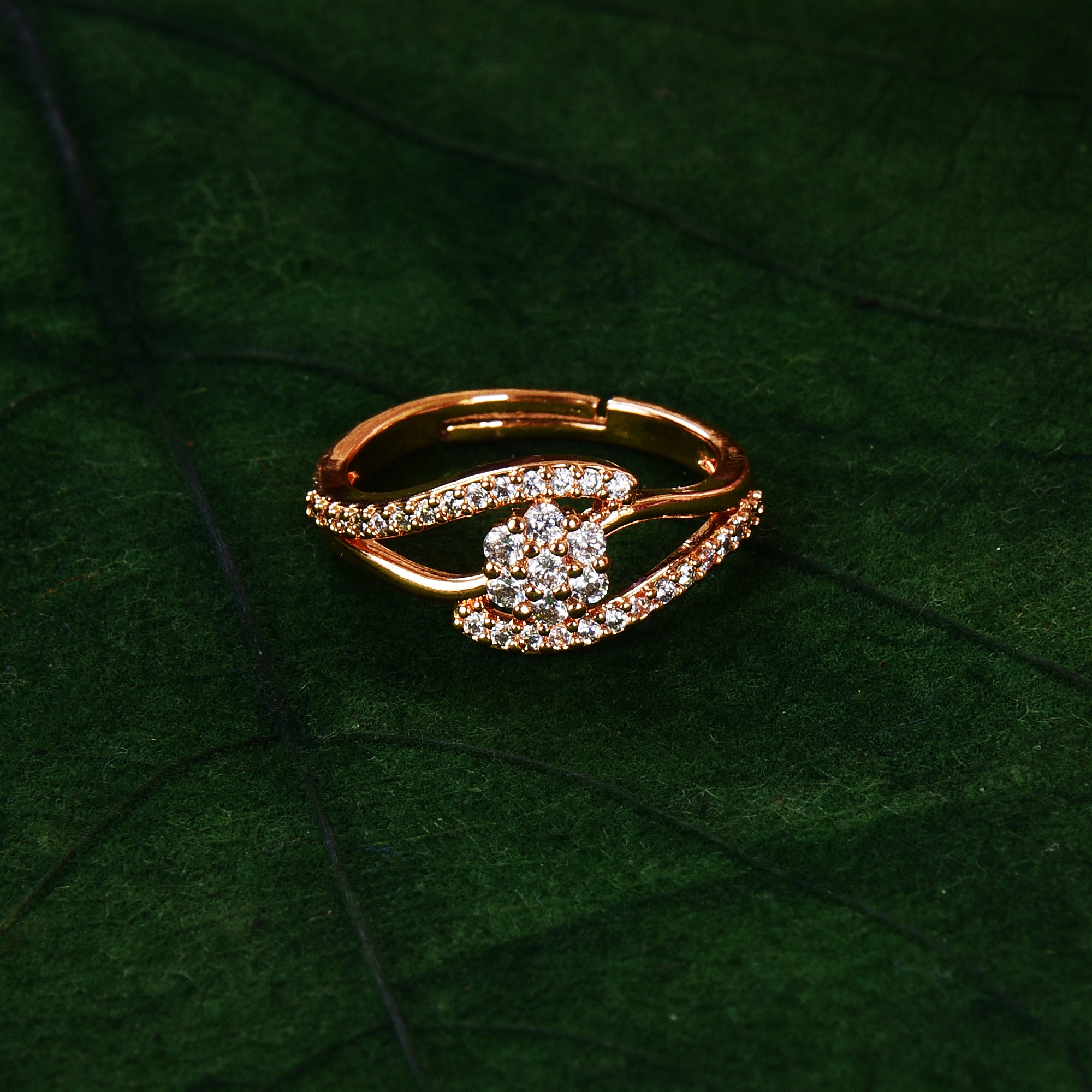 Rose Gold Plated | American Diamond Studded | Adjustable | Finger Ring for Women and Girls