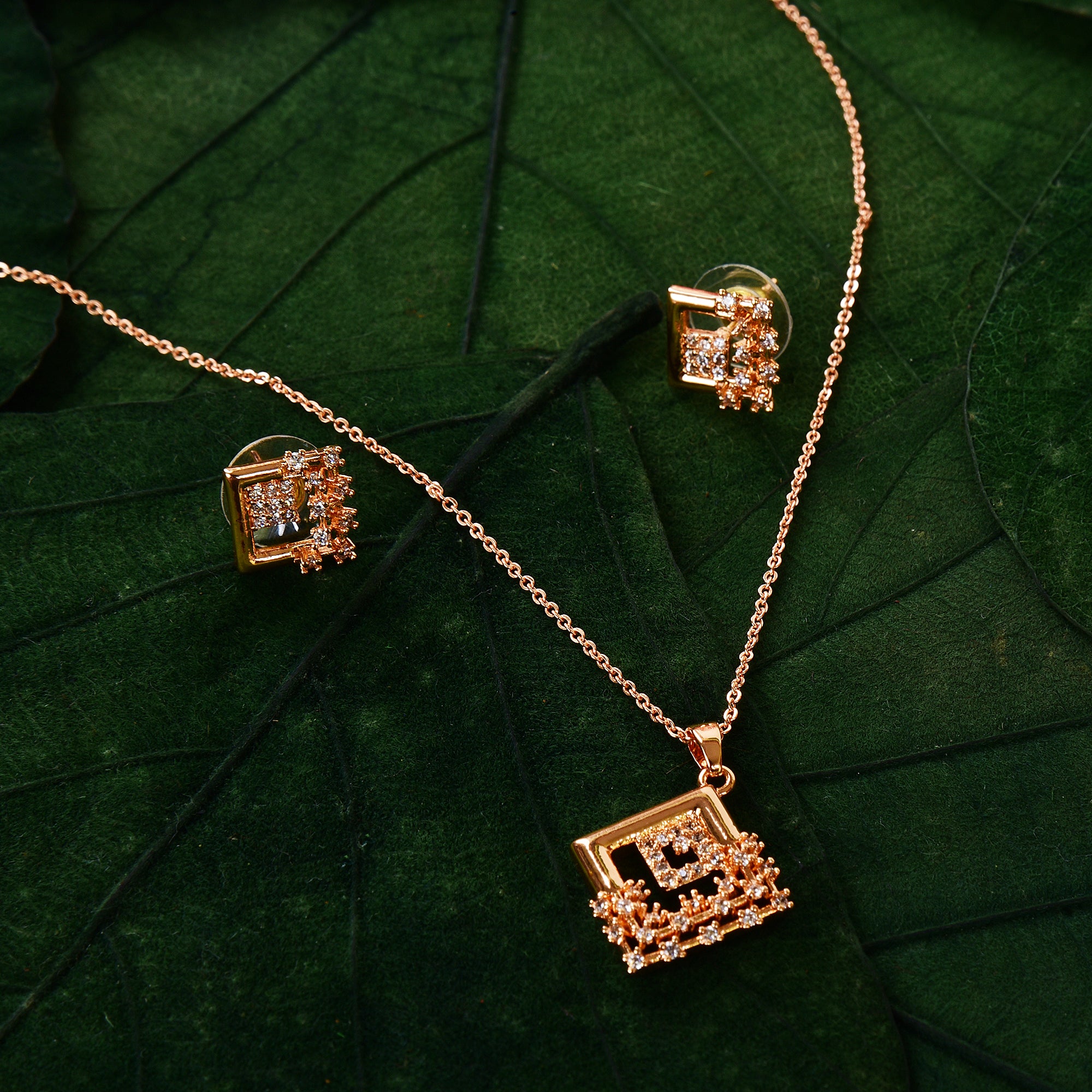 American Diamond Rose Gold Plated Designer Pendant Necklace Set with Chain & Stud Earring for Girls and Women