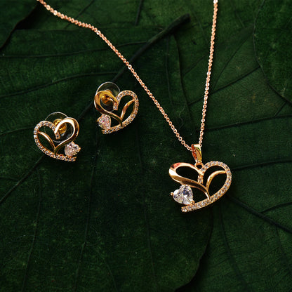 American Diamond Rose Gold Plated Love Shaped Pendant Necklace Set with Chain & Stud Earring for Girls and Women