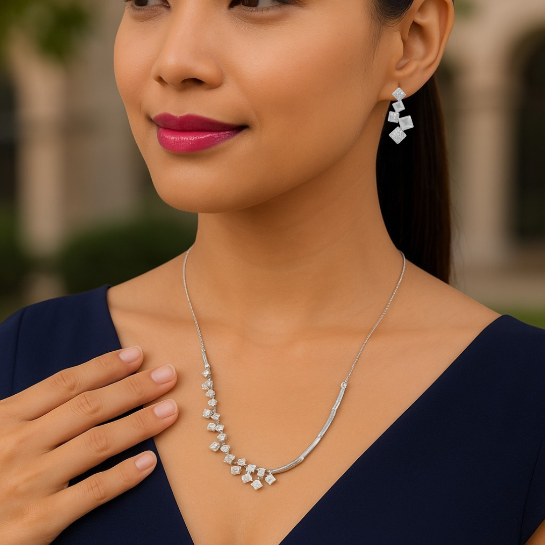 Silver-Plated cubic necklace Set with Earrings| with American diamond | for women & girl