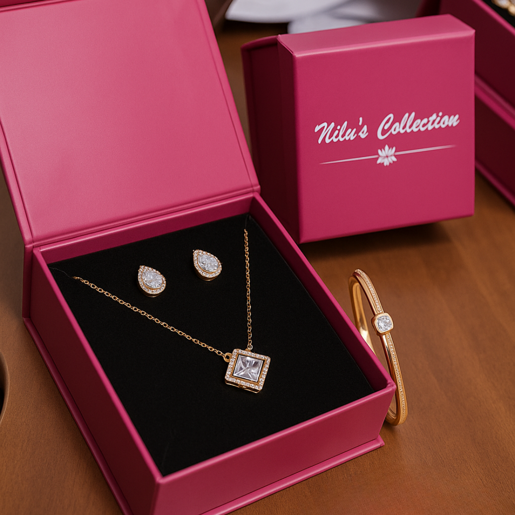 Nilu's Collection Rose Gold Plated Pendant With Earrings And Kada bracelet With American Diamond For Women And Girls