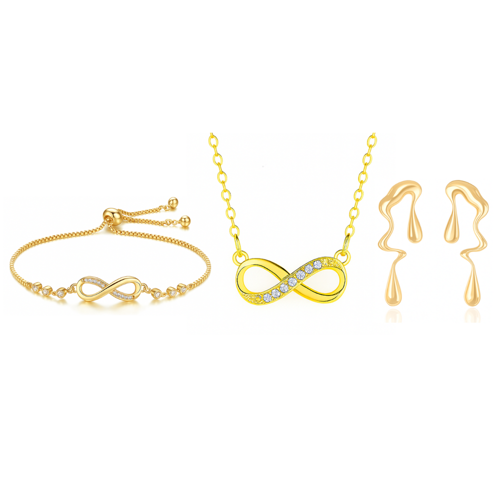 Gold Plated Infinity Jewelry Set as Bracelet, Necklace & Earrings with American Diamond For Women And Girls