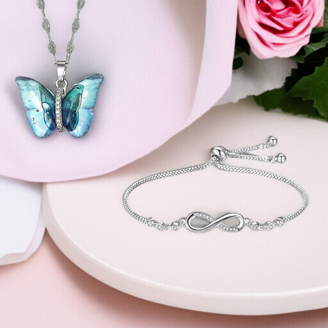 Combo of Butterfly Pendant Necklace and Infinity Bracelet for Women & Girls | Neck Chain | Locket | Modern Design | Fancy & Stylish Accessories for Everyday Wear (Silver)