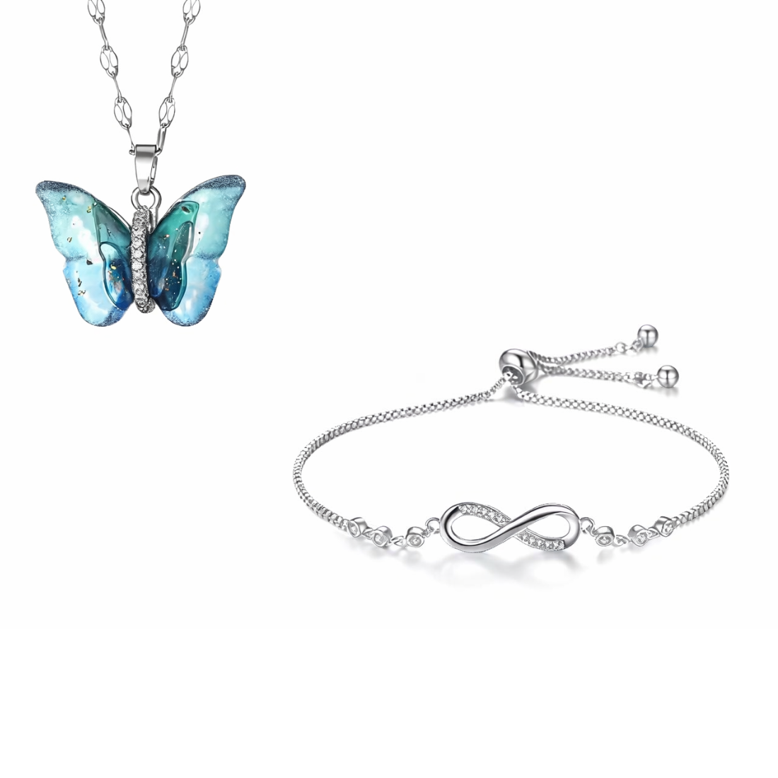 Combo of Butterfly Pendant Necklace and Infinity Bracelet for Women & Girls | Neck Chain | Locket | Modern Design | Fancy & Stylish Accessories for Everyday Wear (Silver)