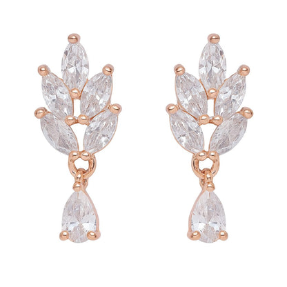 Nilu's Collection Rose Gold Plated Leaf Drop Earrings with American Diamond Stones For Women and Girls | Anti-Tarnish | Lightweight & stylish