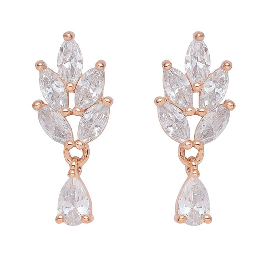 Nilu's Collection Rose Gold Plated Leaf Drop Earrings with American Diamond Stones For Women and Girls | Anti-Tarnish | Lightweight & stylish