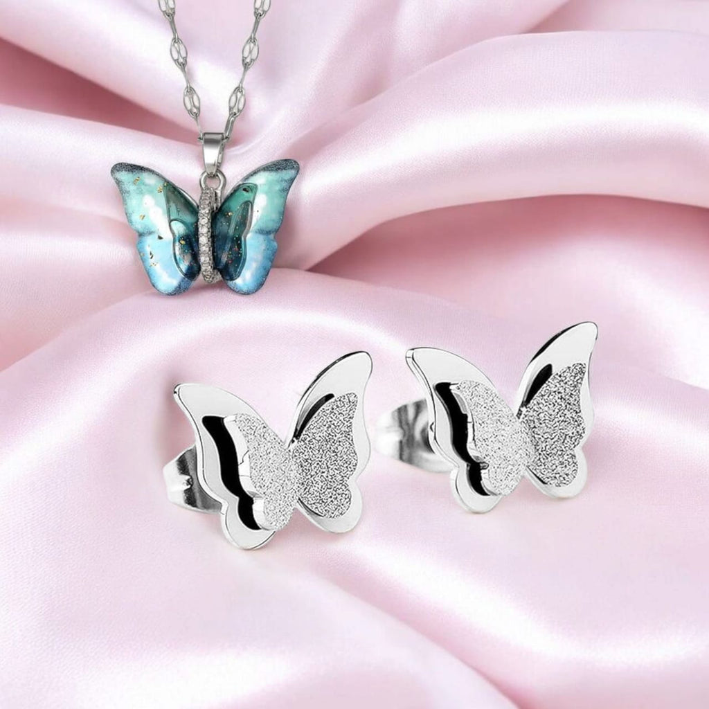 Combo of Butterfly Pendant Necklace with Studsfor Women & Girls | Silver Plated Studs | Birthday & Special Occassion Gift