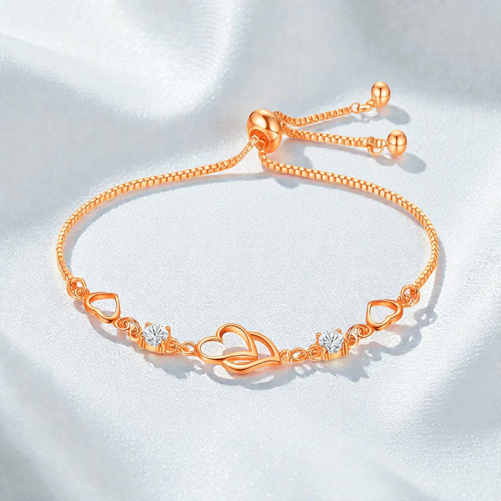 Double Heart Shape Rose Gold Plated CZ Crystal Bracelet, Gift for Loved One, Valentine's Day Gift