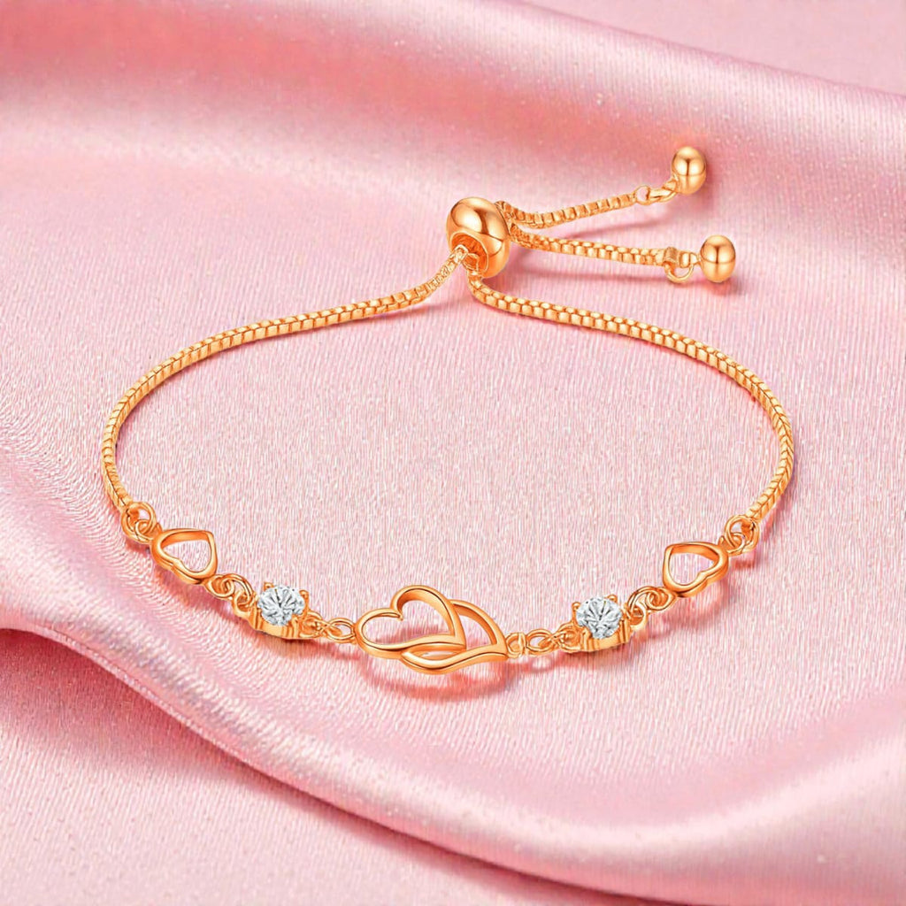 Double Heart Shape Rose Gold Plated CZ Crystal Bracelet, Gift for Loved One, Valentine's Day Gift