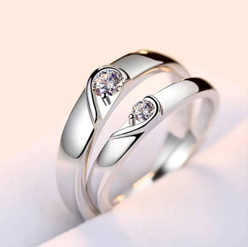 Platinum Plated Romantic Lover's Adjustable Silver Plated Adjustable Broken Heart Metal Cubic Zirconia Couple Ring Set Metal Platinum Plated Ring