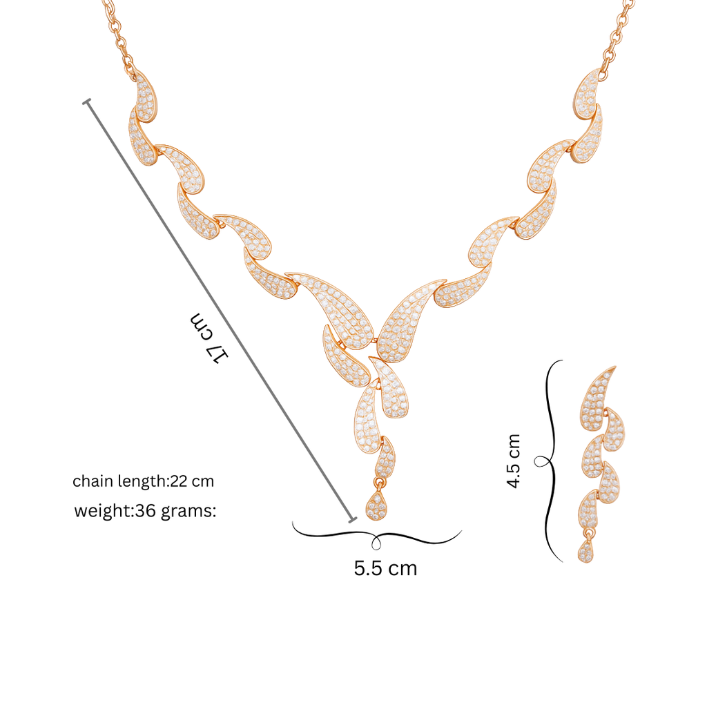 Nilu's Collection Rose Gold Plated Necklace with Leaf Motifs and Matching Drop Earrings For Women & Girls