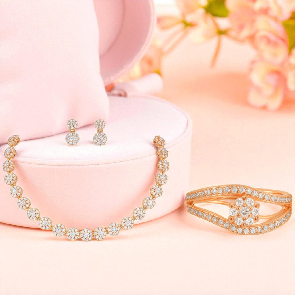 Nilu’s Collection Rose Gold Plated American Diamond Necklace Set with Earrings & Ring for Women & girls