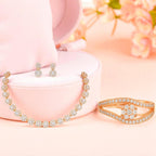 Nilu’s Collection Rose Gold Plated American Diamond Necklace Set with Earrings & Ring for Women & girls