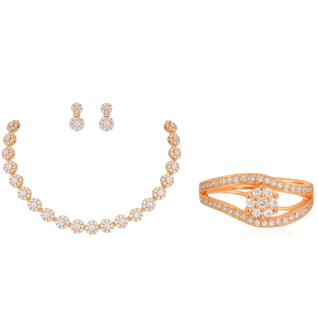 Nilu’s Collection Rose Gold Plated American Diamond Necklace Set with Earrings & Ring for Women & girls