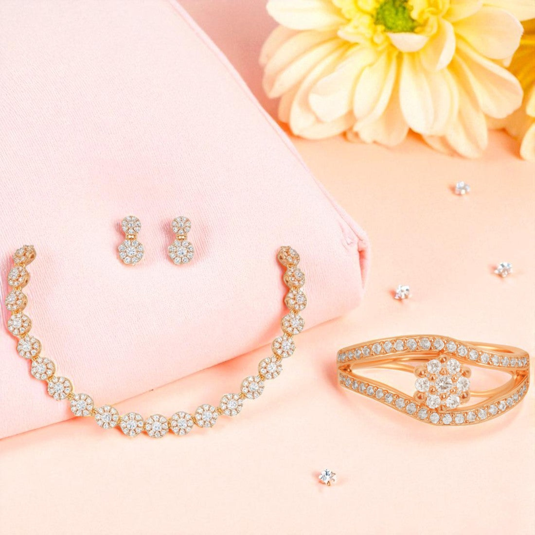 Nilu’s Collection Rose Gold Plated American Diamond Necklace Set with Earrings & Ring for Women & girls