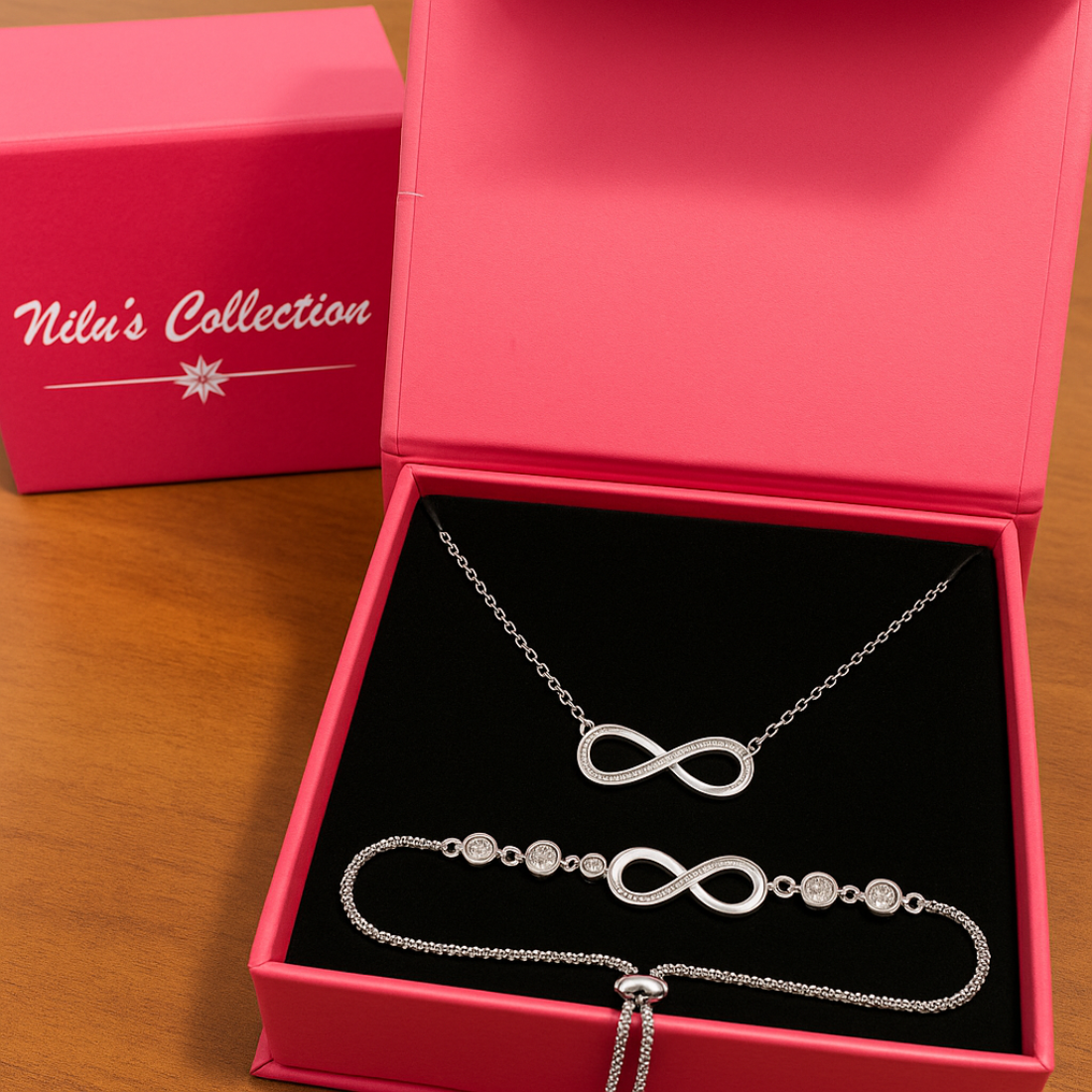 Gift Silver Plated infinity Necklace with Bracelet With American Diamond For Girls And Women
