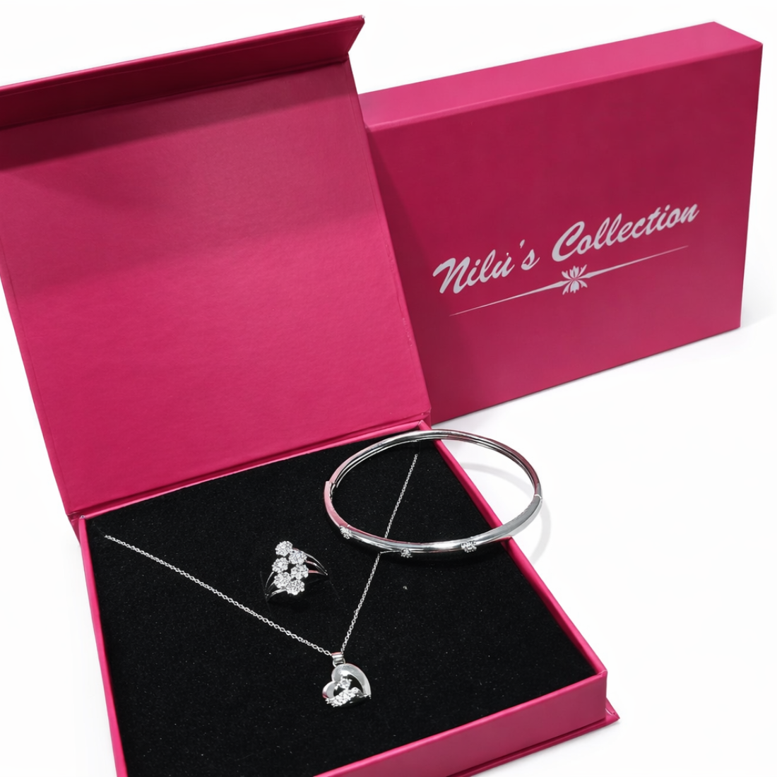 Gift Silver Plated Pendant & Kada Bracelet With Adjustable Finger Ring For Women And Girls